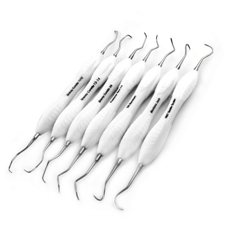 7Pcs Periodontal Curettes Scaler (White Silicone Handle) 7Pcs Periodontal Curettes Scaler (White Silicone Handle)