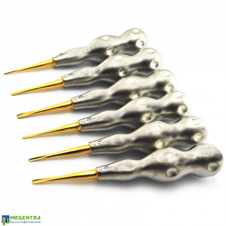 Dental Luxating Root Elevators Round Pattern Handle - Gold Tips - 6Pcs Set